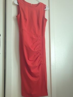 Calvin Klein Sleeveless Coral-Red Midi Sheath Dress with Side Buttons